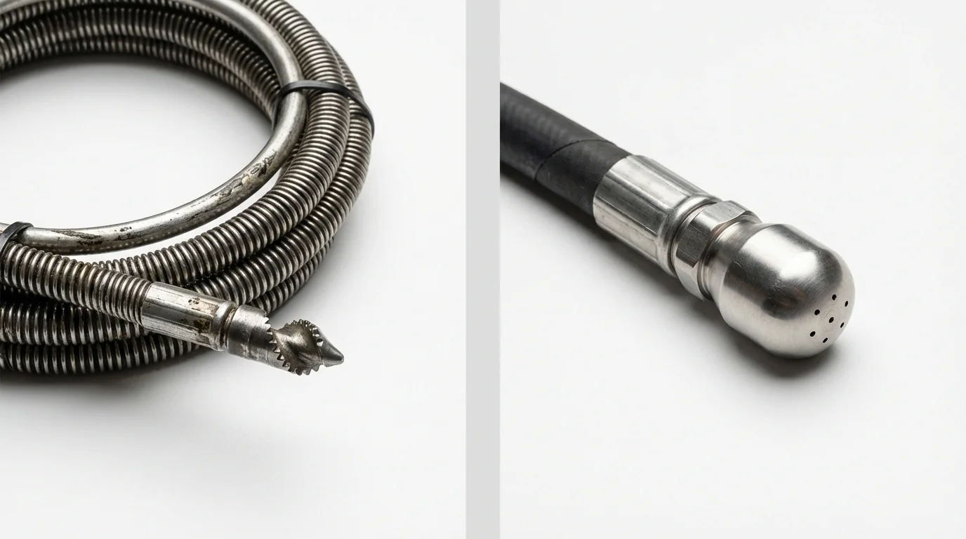 Drain snake cable and hydro jetting nozzle used for drain cleaning in Thurmond, NC
